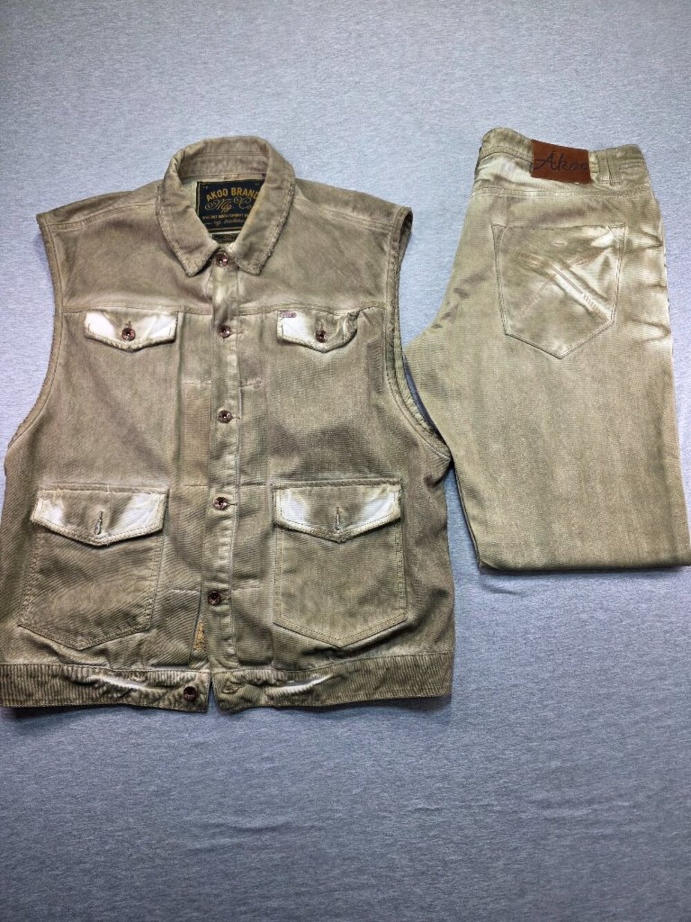 AKOO Brand Denim Vest & Jeans Set Khaki Distressed Vest 3XL / Jeans 38